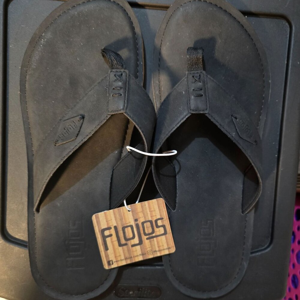 Flojos Mens‎ Black Flip Flops Size 10 Rubber & Faux Leather Casual Footwear